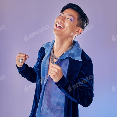 Preview: Asian model, fashion and smile with happy smile in purple studio background with clothes, cosmetics