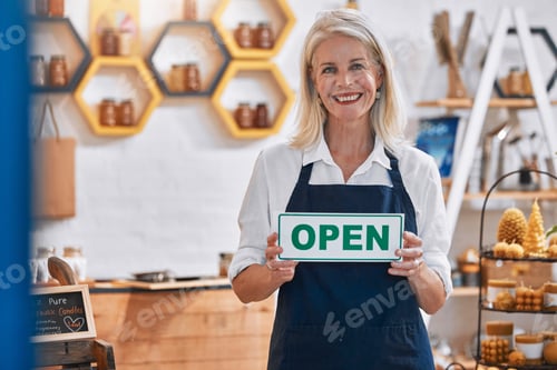 Preview: Honey, entrepreneur or woman with an open sign advertising a retail shop or small business in the m