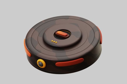Preview: Circular, brown device with orange button and yellow dots.