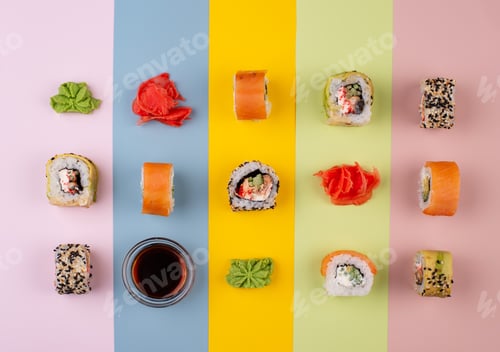 Preview: Sushi rolls on trendy color background
