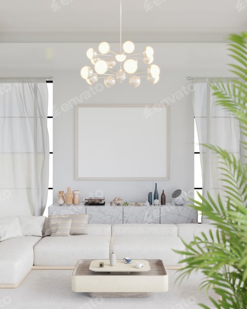 Preview: 3D illustration Mockup photo frame in living room rendering