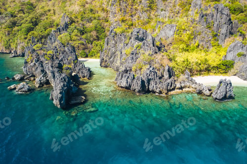 Preview: El Nido, Palawan Island. Hidden lagoon coastline. Limestone rock formations on famous tropical beach