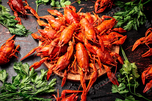 Preview: Boiled crayfish on a wooden cutting board with parsley.