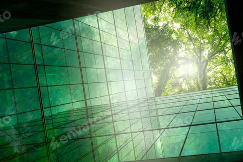 Preview: Eco-friendly building in modern city. Sustainable glass office building with trees for reducing CO2.