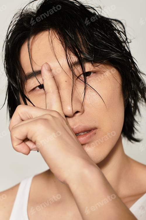 Preview: Young asian man showcases modern fashion in a stylish urban setting with a chic pose
