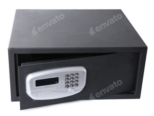 Preview: Open black steel safe with electronic lock isolated on white