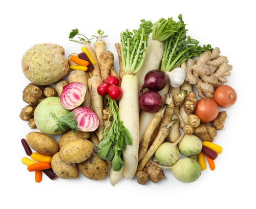 Preview: Many different root vegetables isolated on white, top view