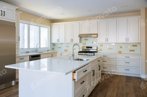 Preview: Installing cabinets and counter top in a white kitchen partially installed furniture.