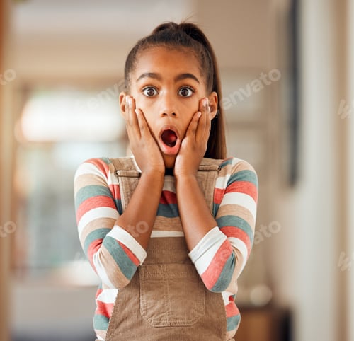 Preview: Little girl, hands and face in shock, surprise or wow for deal, discount or sale standing with expr