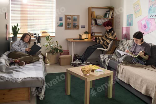 Preview: Three Teen Friends Studying in Dorm Room