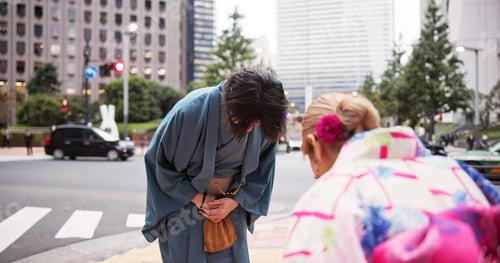Preview: Bow, respect and man in city for welcome, greeting and tradition with kimono. Japanese people, fare