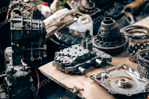 Preview: Steampunk texture, background with mechanical parts, gear wheels Stylized of a steampunk mechanical
