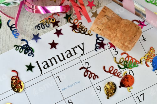 Preview: New Year! Top view flat lay of calendar with word January, no specific year, generic, confetti