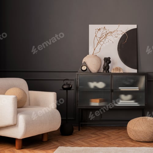 Preview: Elegant living room interior with sofa coffee table rug and personal accessories Home decor Template