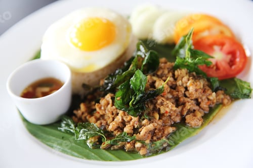 Preview: Thai Food Rice Topped With Stir Fried Pork And Basil