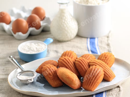 Preview: Vanilla Madeleine on White Oval Ceramic Plate. Famous French Sweet Shell Pastry Cake