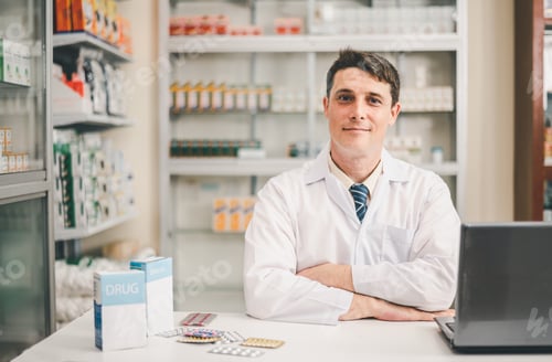Preview: Male pharmacist posing confidently welcoming, advising patients and prescription patients