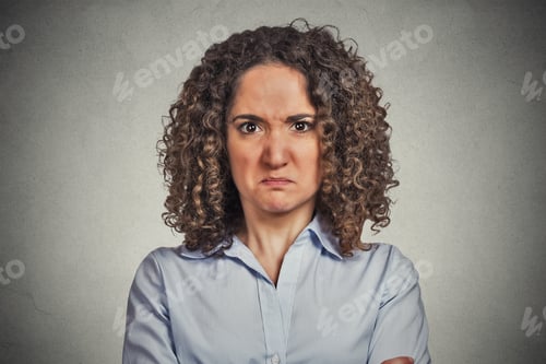 Preview: Headshot Angry Woman Isolated On Grey Wall Background. Negative Face Expression Body Language
