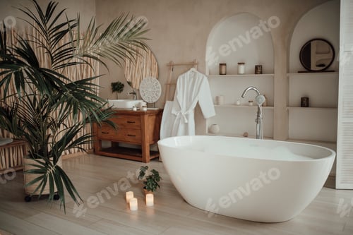 Preview: Luxury interior of big bathroom at modern african style with oval bathtub in natural lighting