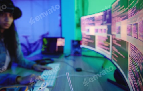 Preview: Hacker, computer screen or neon coding on cybersecurity ransomware, SEO night phishing or code prog