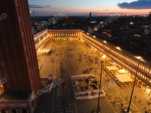 Preview: Venice panoramic cityscape landmark at sunset or night, aerial view of Piazza San Marco