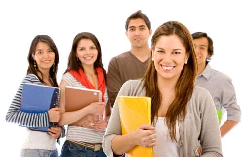 Preview: Woman And A Group Of University Students Smiling - Isolated Over A White Background