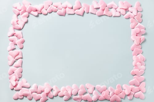 Preview: Frame of romantic pink hearts on blue. Valentine's day greeting card with copy space.