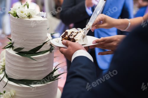 Preview: The bride and groom cut a gorgeous wedding cake at a banquet.