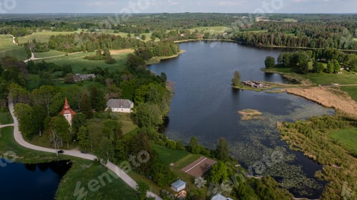 Preview: Aerial view of Araisi evangelical lutheran church and archaeological park near Cesis, Latvia