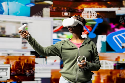 Preview: Woman wearing VR headset celebrating freedom of unlimited video content