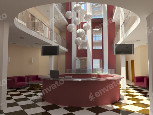 Preview: modern hotel lobby with red reception