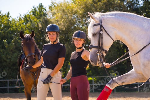 Preview: Two young Caucasian girl riders with their white and brown horses on a horse riding