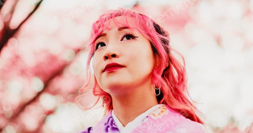 Preview: Cherry blossom, park and face of woman with kimono, thinking or outdoor sightseeing in nature with