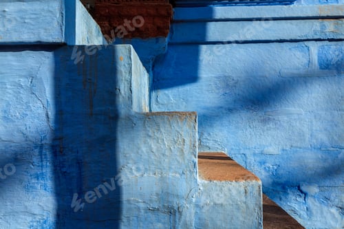 Preview: Stairs of blue painted house in Jodhpur, Blue City around Mehrangarh Fort. Jodphur, Rajasthan