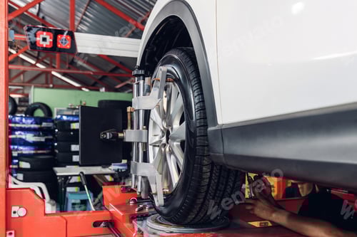 Preview: Mechanic Servicing Wheel on Car Lift in Garage