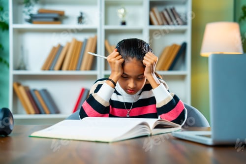 Preview: Stressed Indian Girl Writing Notes During Online Class at Home – Homework and Digital Learning
