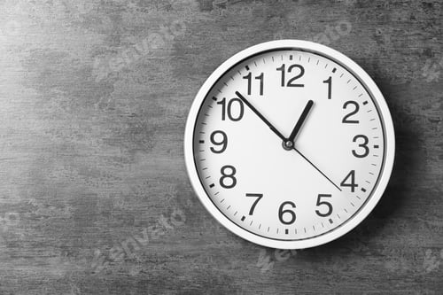 Preview: Modern clock on grey background, top view. Time management