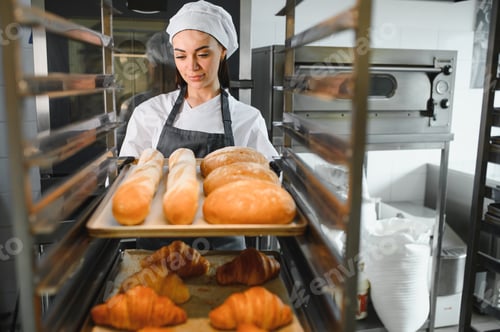 Preview: Baker placing tray of freshly baked bread and croissants in bakery oven