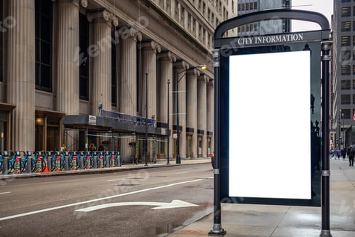 Preview: Placeit - Blank billboard at bus stop mockup template for advertising, Chicago city buildings