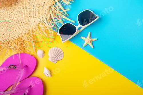 Preview: Straw hat sunglesses flip flops shells on yellow and blue background vacation travel planning mockup