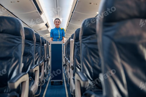 Preview: Female cabin attendant leading trolley cart through empty plane aisle