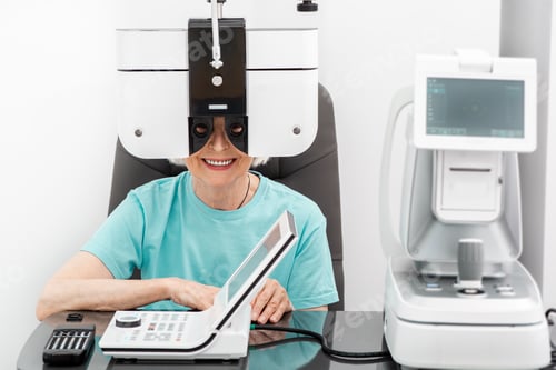 Preview: Checking smiling elderly woman's eyesight on the modern phoropter. If a woman has poor eyesight,