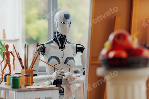 Preview: Humanoid AI robot painting on canvas