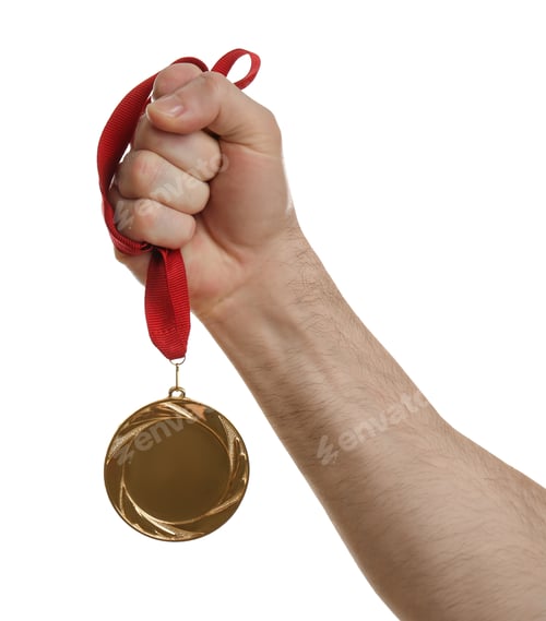 Preview: Man holding golden medal on white background, closeup. Space for design