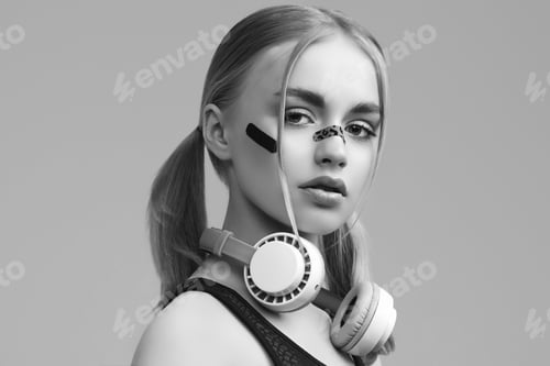 Preview: Portrait Of Beautiful Blond Girl With Glamour Plasters On Her Face Listening Music In White