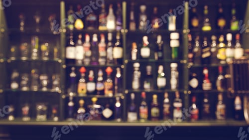 Preview: Alcoholic beverages in a shelf at the bar counter, blur background concept