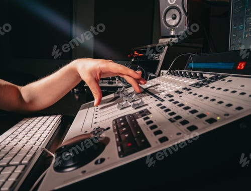 Preview: Unrecognizable sound producer or engineer rotates scrolls wheel on mixing console recording studio