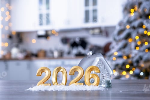 Visualização: Número dourado 2026 e pequena casa no fundo de uma aconchegante cozinha branca