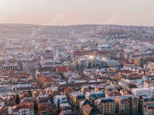 Preview: Cityscape of central Stuttgart, Germany during sunset. Aerial view.