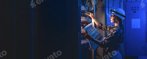 Preview: Female engineer inspecting panel with plans in industrial room. Woman energy engineer.